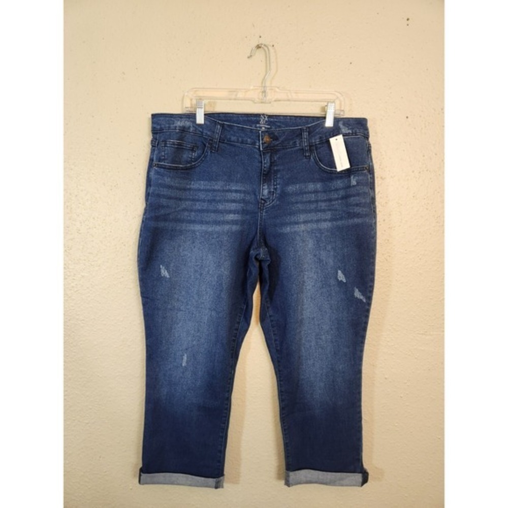 New York & Company Women's Blue Raw Rolled Hem High Rise Cropped Jeans Sz 16 NWT